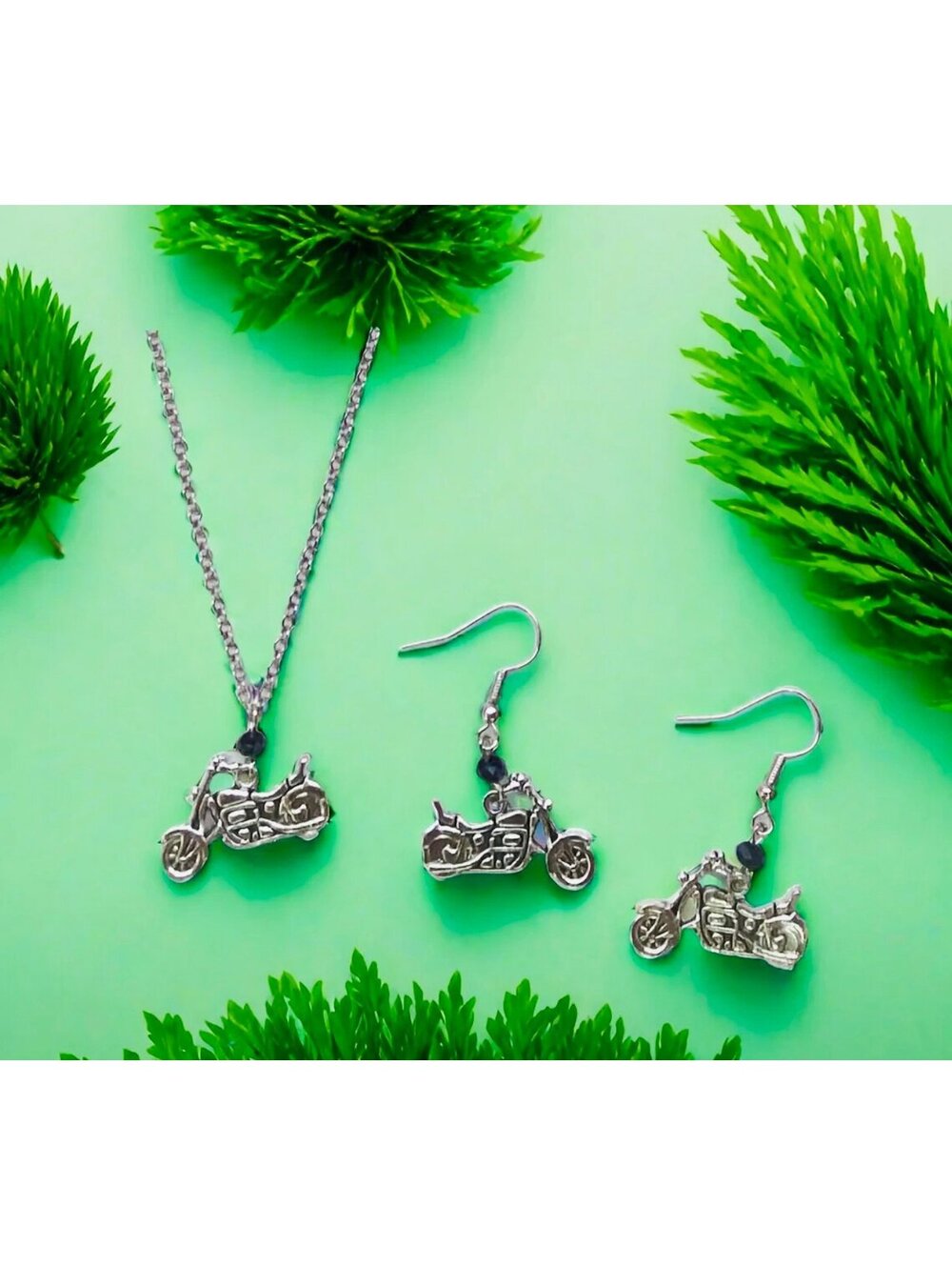 New - Vintage Inspired -Silver w/Black Crystal Beads - Motorcycle Jewelry Set